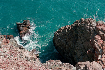 High angle view of rock formation in sea