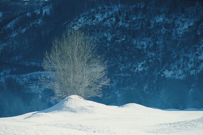 Frozen landscape against snowcapped mountains
