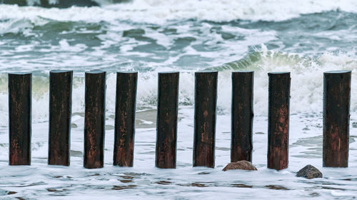 High wooden breakwaters in blue foaming sea waves, close up view. long poles or groynes in water