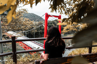 Rear view of woman sitting by railing