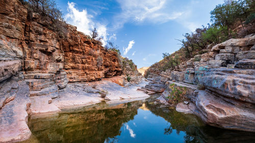 Reflection of rock formation in water against sky