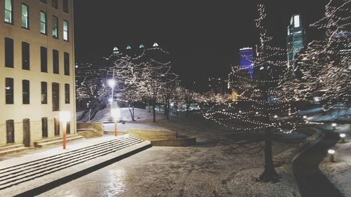 Illuminated christmas tree in city at night