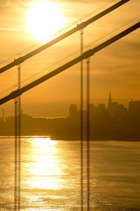 Bridge over river against sky during sunset