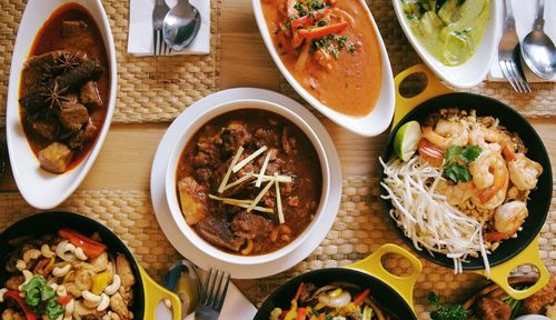 High angle view of food served on table