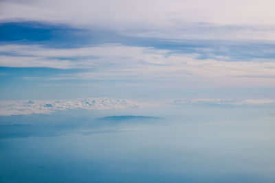 Aerial view of sea against sky during sunset