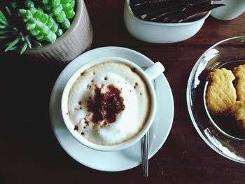 High angle view of breakfast served on table