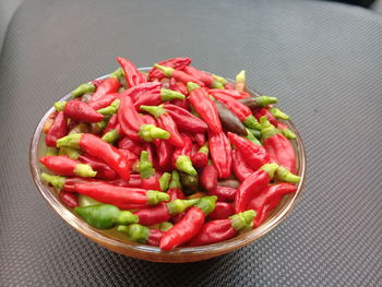 High angle view of chili peppers in bowl