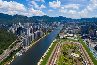 High angle view of road amidst buildings in city