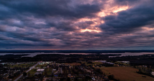 High angle view of townscape against dramatic sky