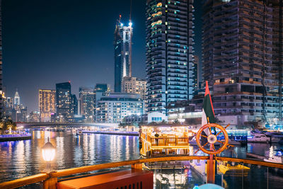 Illuminated buildings in city at night