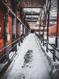 Snow covered footpath by railing during winter