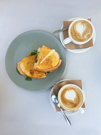 High angle view of breakfast on table