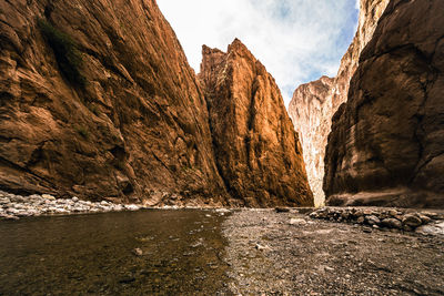 Todra gorge and river in african canyon wide angle view without people, morocco