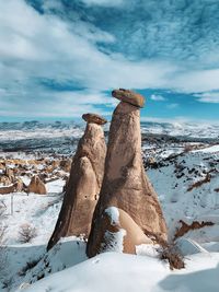 Rock formation on snow covered land against sky