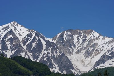 Scenic view of mountains against clear blue sky