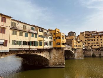 Bridge over river in city against sky