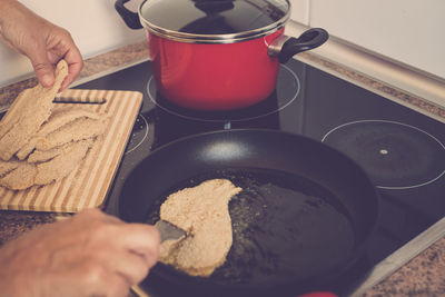 High angle view of person preparing food