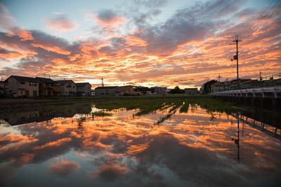 Scenic view of buildings against sky during sunset