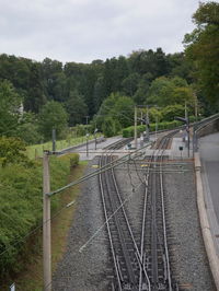 High angle view of railroad tracks amidst trees in forest