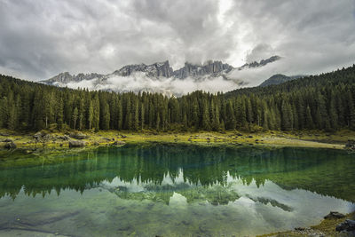 Scenic view of lake by mountains against sky