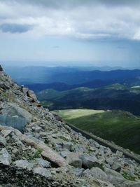 Scenic view of mountains against cloudy sky