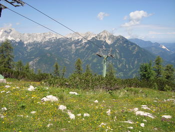 Scenic view of field and mountains against sky