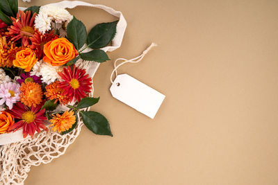 High angle view of flowers on table