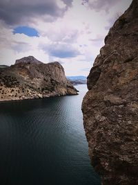 Rock formations by sea against sky