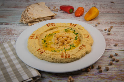 High angle view of food in plate on table