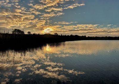 Scenic view of lake against sky at sunset