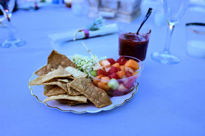 Close-up of breakfast served on table