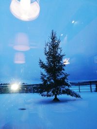 Christmas tree on snow covered landscape against sky
