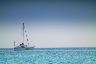 Catamaran sailing in sea against sky