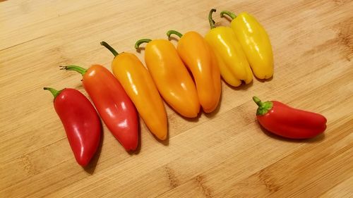 High angle view of bell peppers on table