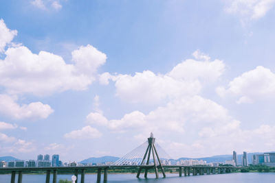 View of suspension bridge over river