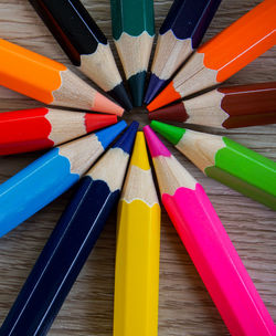 Close-up of colorful pencils on table