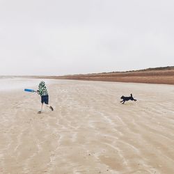 Rear view of boy walking on sand at beach against clear sky