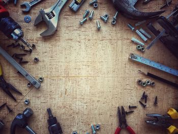 High angle view of tools on table