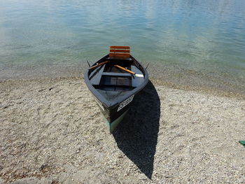 High angle view of boat moored at beach