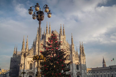 Low angle view of christmas tree against sky