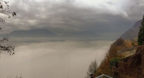 Scenic view of mountains against sky during winter
