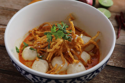 High angle view of noodles in bowl on table