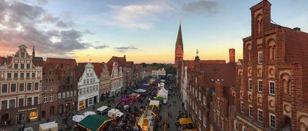 Panoramic view of city at sunset