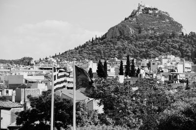 High angle shot of townscape against sky