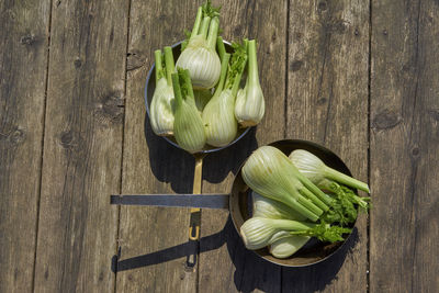 Directly above shot of fennel in frying pans on table
