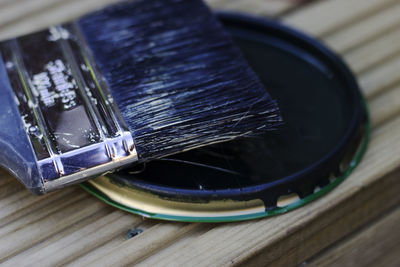 High angle view of camera on table