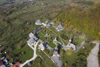 High angle view of trees and buildings in village