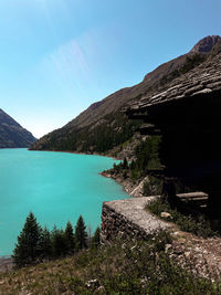 Scenic view of lake against clear blue sky