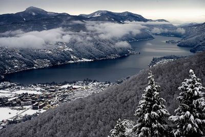 Aerial view of snowcapped mountains against sky