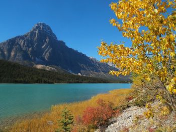 Scenic view of lake and mountains against clear blue sky